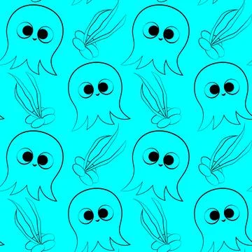 Seamless vector pattern with outline octopus and seaweed Stock Illustration