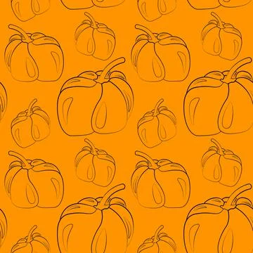 Seamless vector pattern with outline orange pumpkin Stock Illustration