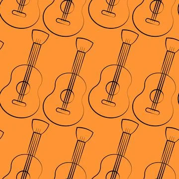 Seamless vector pattern with outline orange guitar Stock Illustration