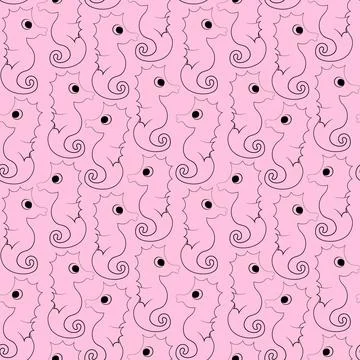 Seamless vector pattern with outline pink seahorse Stock Illustration