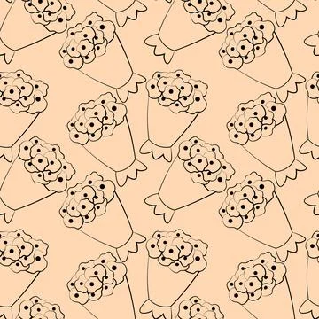 Seamless vector pattern with outline pink bouquet flower Stock Illustration