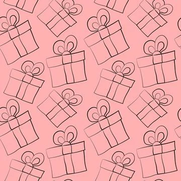 Seamless vector pattern with outline pink gift box Stock Illustration