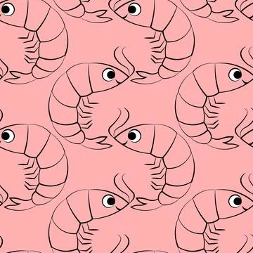 Seamless vector pattern with outline pinl cute shrimp Illustrazione stock