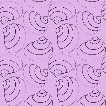 Seamless vector pattern with outline purple seashells Stock Illustration