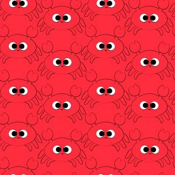 Seamless vector pattern with outline red cute crab Illustrazione stock