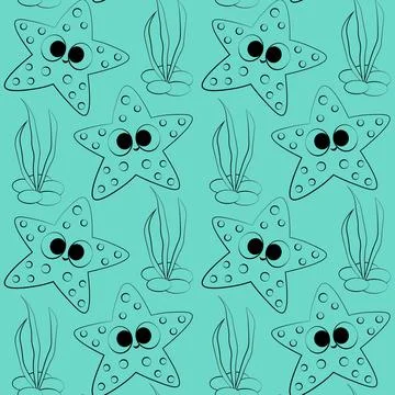 Seamless vector pattern with outline starfish and seaweed Stock Illustration