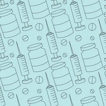 Seamless vector pattern with outline syringe and vaccine Stock Illustration