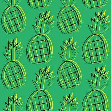 Seamless vector pattern with outline yellow pineapple Illustrazione stock