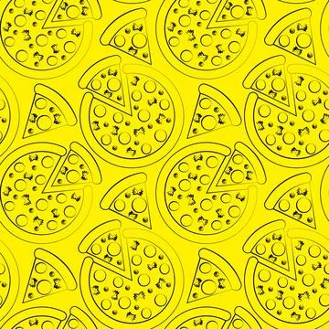 Seamless vector pattern with outline yellow pizza Stock Illustration