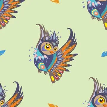 Seamless vector pattern with owl and feathers Stock Illustration