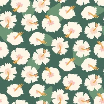 Seamless vector pattern with pale hibiscus flowers and leaves Stock Illustration