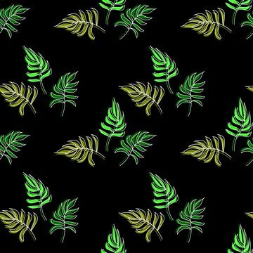 Seamless vector pattern palm leaves green leaf and outline on background. Fo Stock Illustration