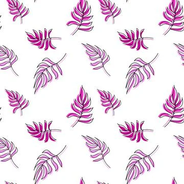 Seamless vector pattern palm leaves pink leaf and outline on background. For イラスト素材
