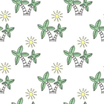 Seamless vector pattern with palm tree and sun on white background Stock Illustration
