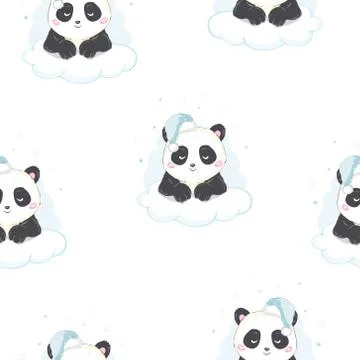 Seamless Vector Pattern: panda bear pattern on light blue background. Small Stock Illustration