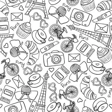 Seamless vector pattern of Paris french symbols,landmarks.Travel icons. Black Illustrazione stock