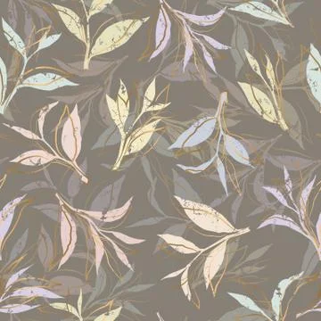 Seamless vector pattern with pastel and gold leaves isolated on grey backgrou Stock Illustration