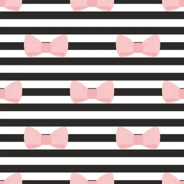 Seamless vector pattern with pastel pink bows on a black and white stripes Stock Illustration