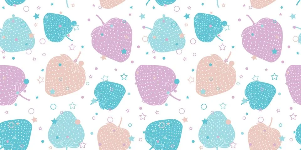 Seamless vector pattern with pastel strawberries, circles and stars. Stock Illustration