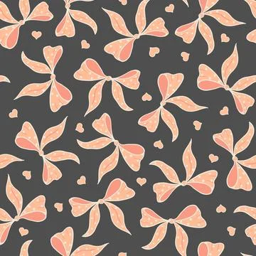 Seamless vector pattern with peach colored feminine bows and hearts on charcoal Illustrazione stock