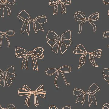 Seamless vector pattern with peach colored feminine bows outlines on charcoal Stock Illustration