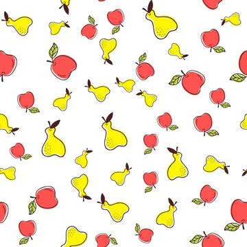 Seamless vector pattern with pear, apple. Colored pattern on white background Stock Illustration