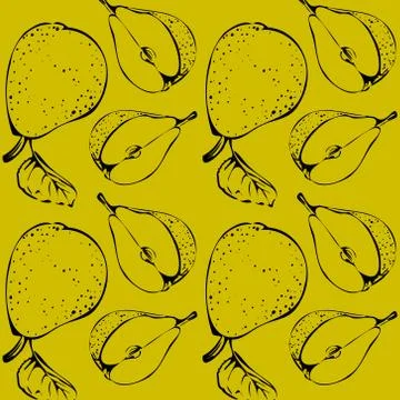 Seamless vector pattern of a pear outline on a yellow isolated background. Stock Illustration