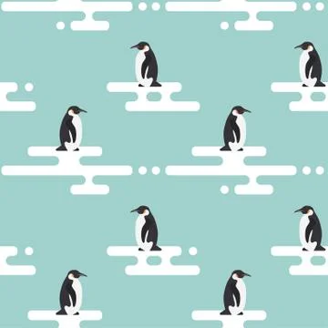 Seamless vector pattern with penguins standing on stylized glacier. Cold clim Illustrazione stock