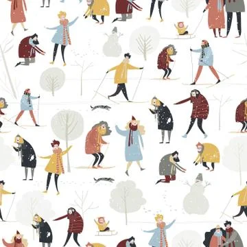 Seamless vector pattern with people enjoying in the winter snowing forest on Stock Illustration