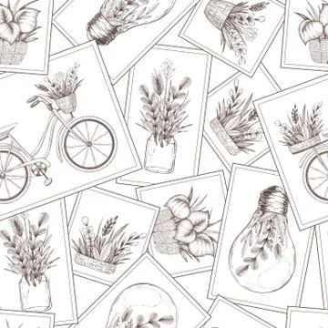 Seamless vector pattern with photo frames and different decoration elements,  Stock Illustration