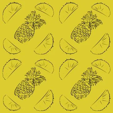 Seamless vector pattern of pineapple outline on yellow isolated background. Stock Illustration