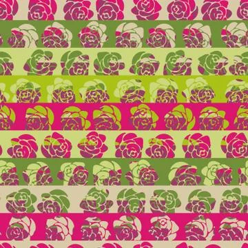 Seamless vector pattern with pink and green stripes with rose flowers Stock Illustration