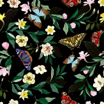 Seamless vector pattern with pink and yellow roses and daffodils flowers. Stock Illustration