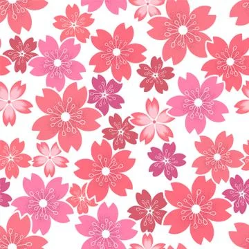 Seamless vector pattern with pink cherry flowers isolated on white background Stock Illustration