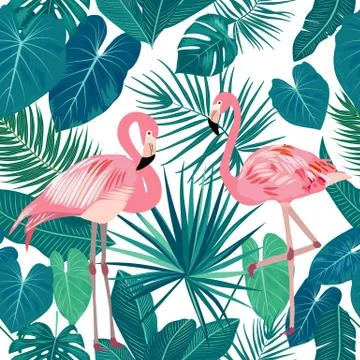 Seamless vector pattern of pink flamingo, tropical leaves of palm tree. Illustrazione stock
