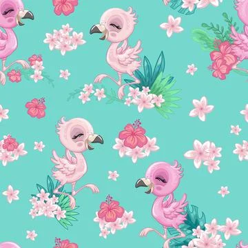 Seamless vector pattern with pink flamingo and flowers Stockillustratie