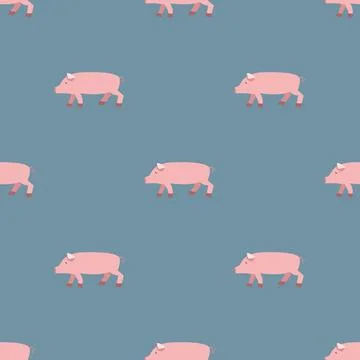 Seamless vector pattern with pink pigs on a gray background. Stock Illustration