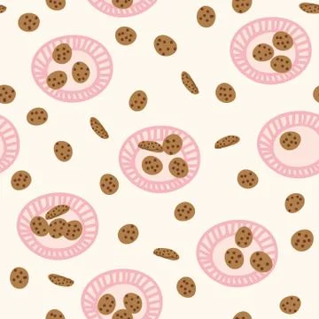 Seamless vector pattern with pink plates and chocolate chip cookies Stock Illustration
