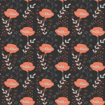 Seamless vector pattern with pink poppies and field grasses. Hand drawn plant Illustrazione stock