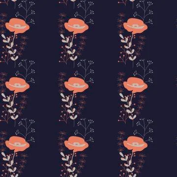 Seamless vector pattern with pink poppies and twigs. Hand drawn plants on dar Stock Illustration