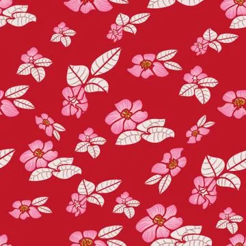 Seamless vector pattern with pink rosa canina blooms on a red background Stock Illustration