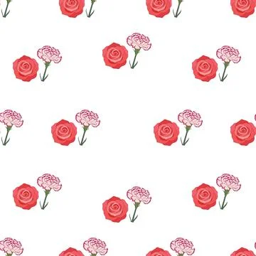 Seamless vector pattern with pink roses and carnations on white background. Illustrazione stock