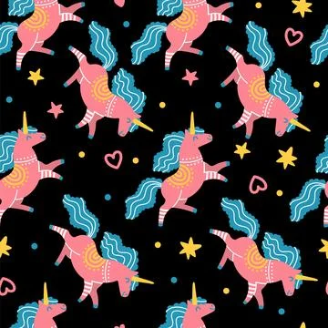 Seamless vector pattern pink unicorns blue main illustration Stock Illustration