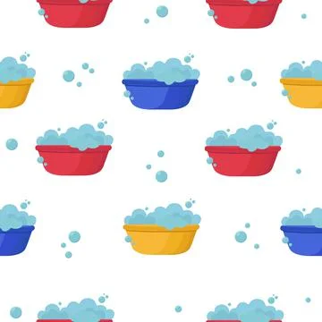 Seamless vector pattern of plastic basin with soap suds. Bowl with water. Was Stock Illustration
