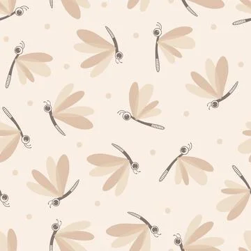 Seamless vector pattern playful dragonflies toss on neutral light beige, textile Stock Illustration