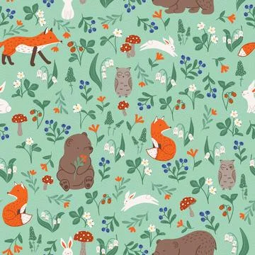 Seamless vector pattern, playful forest animals, mushrooms and wild berries Stock Illustration