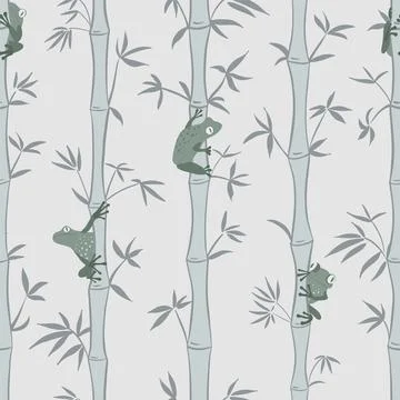 Seamless vector pattern with playful frogs hiding in a bamboo forest, sogr gray Stock Illustration