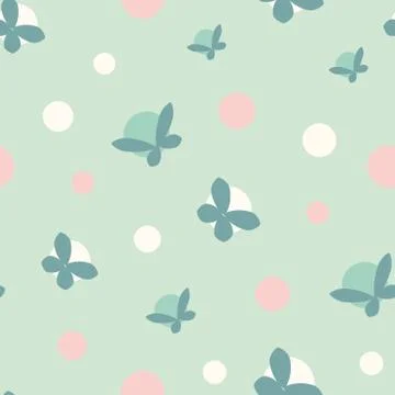 Seamless vector pattern with polka dots and butterflies in pastel teal and pink Stock Illustration