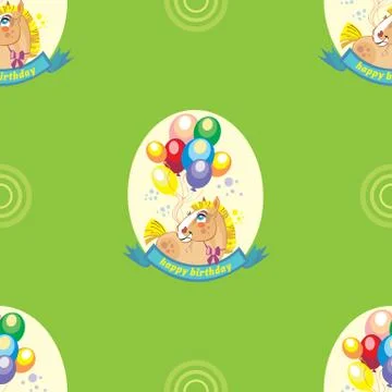 Seamless vector pattern with pony and balloons on green background Stock Illustration
