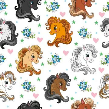 Seamless vector pattern with pony heads and flowers Stockillustratie